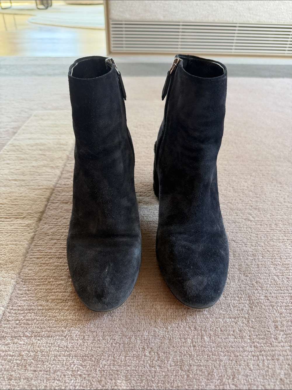 Miu Miu Navy Suede Ankle Booties with furry heels